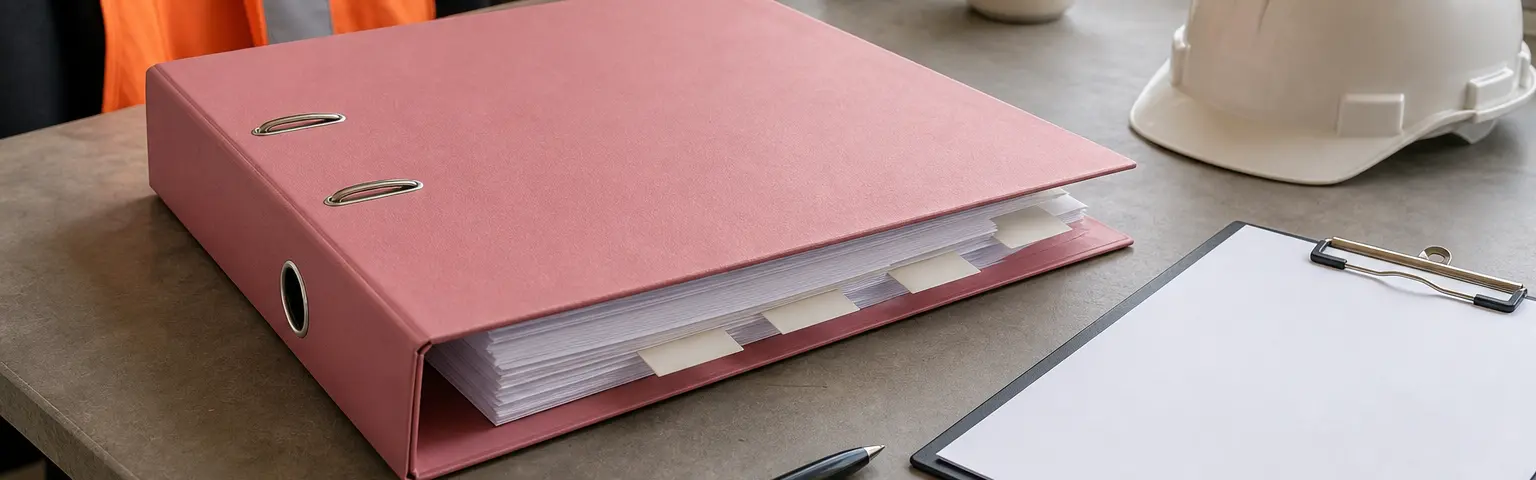 Pink Sphere safety folder on a site office desk with clipboard, hi-vis vest and hard hat