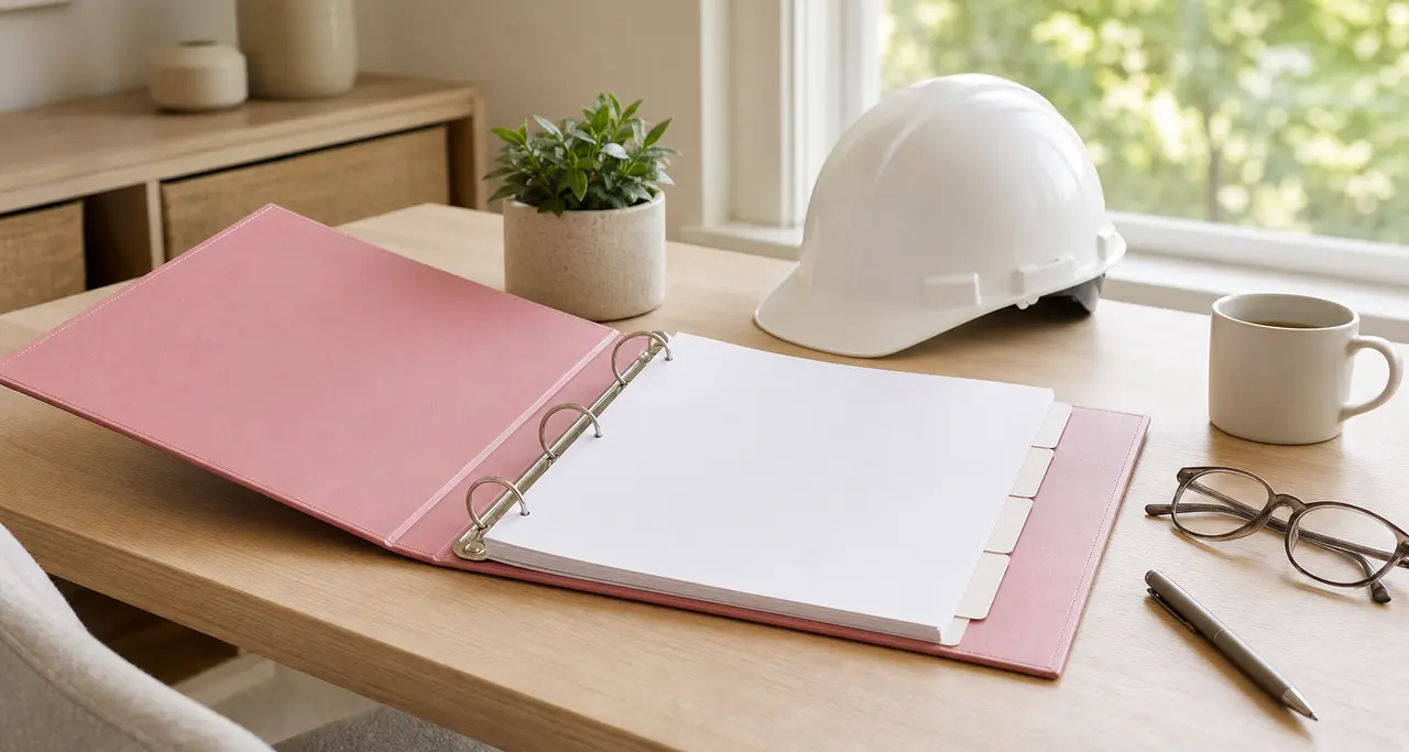 Bright office desk with an open pink health and safety folder, hard hat and coffee