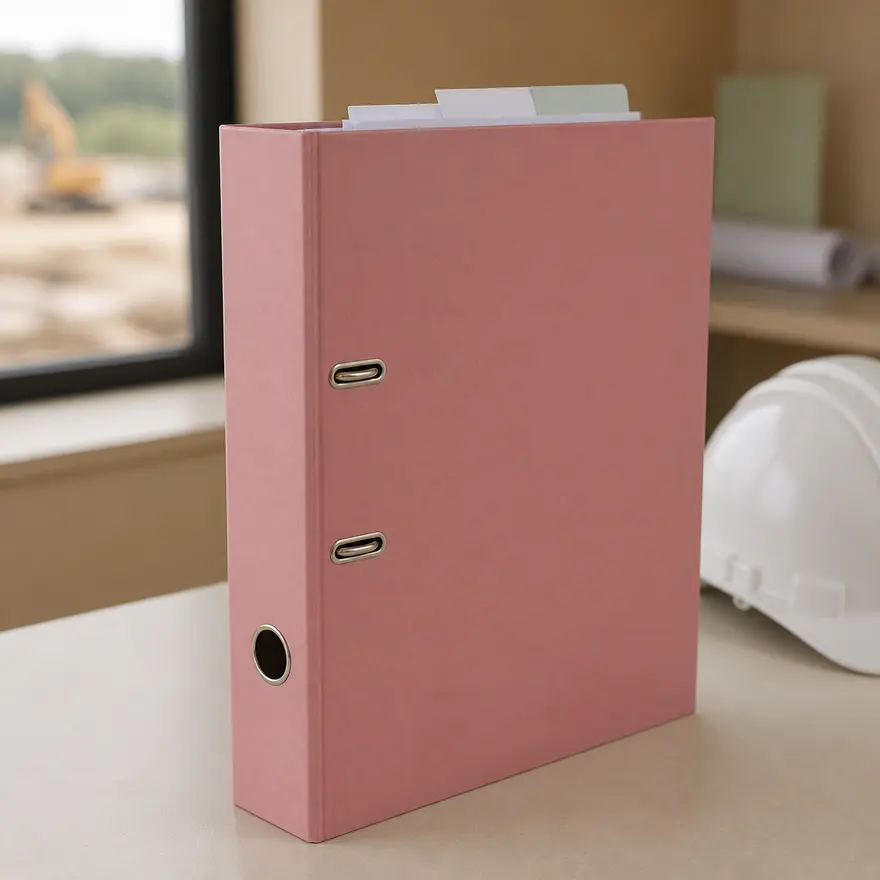 Pink Sphere health and safety folder standing on a site office desk with a hard hat behind it