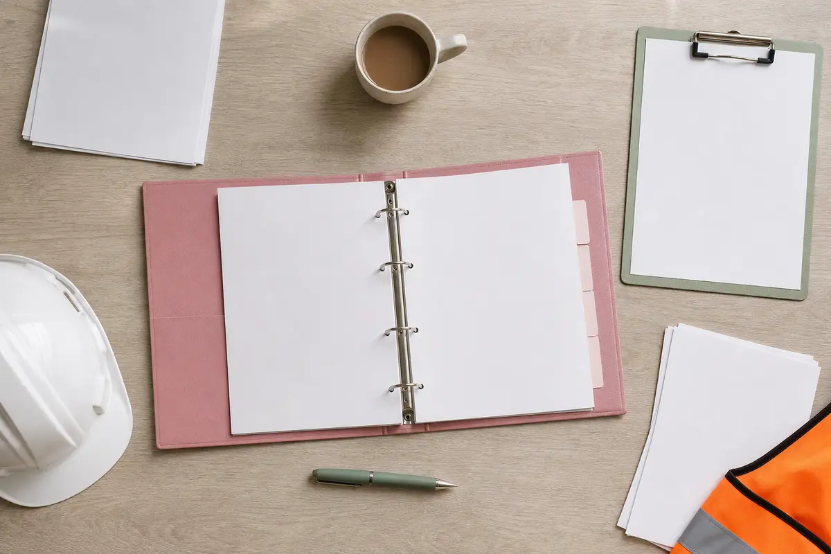 Overhead view of an open pink folder with divider tabs, organised documents, clipboard and safety gear